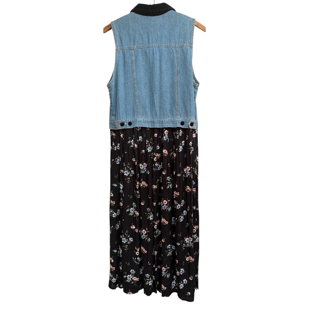 True Blue Vintage 90s Denim Floral Maxi Dress Sleeveless Velvet Collar Medium - Picture 3 of 10